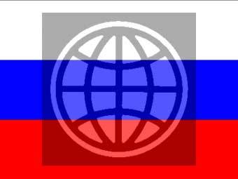 Эмблема Всемирного банка на фоне флага России, иллюстрация Lenta.Ru