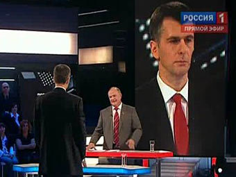 Михаил Прохоров и Геннадий Зюганов в программе "Поединок". Кадр телеканала "Россия 1"